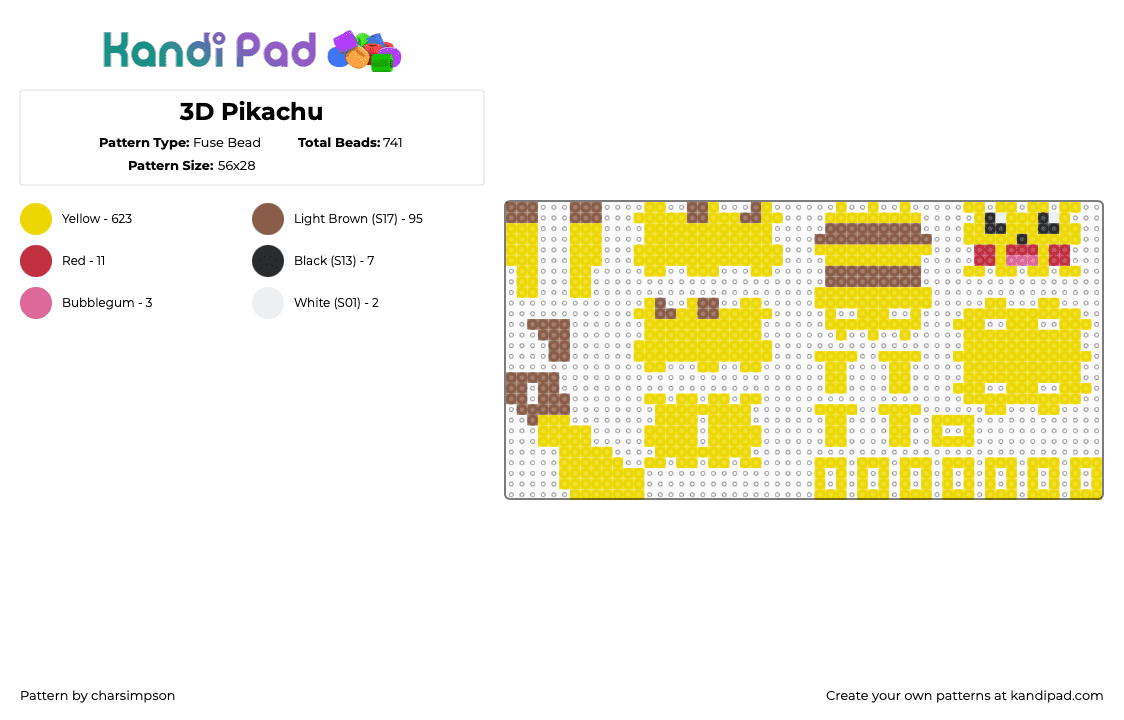 3D Pikachu Fuse Bead Pattern - Kandi Pad | Kandi Patterns, Fuse Bead ...