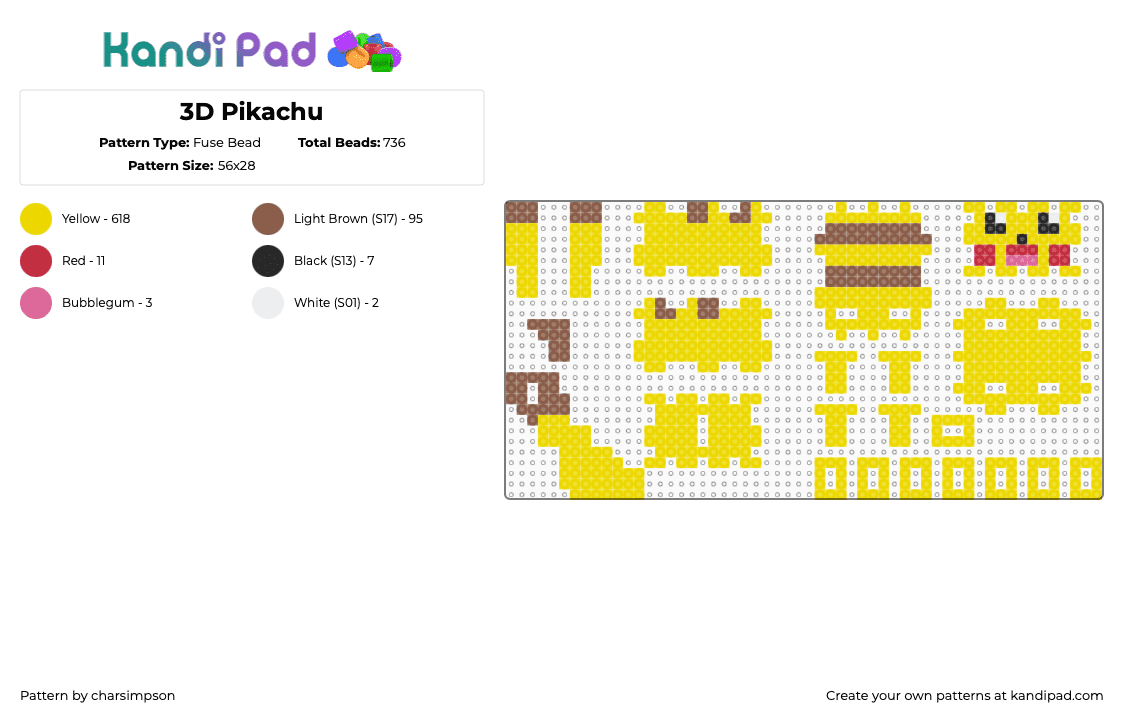 3D Pikachu - Fuse Bead Pattern by charsimpson on Kandi Pad - yellow