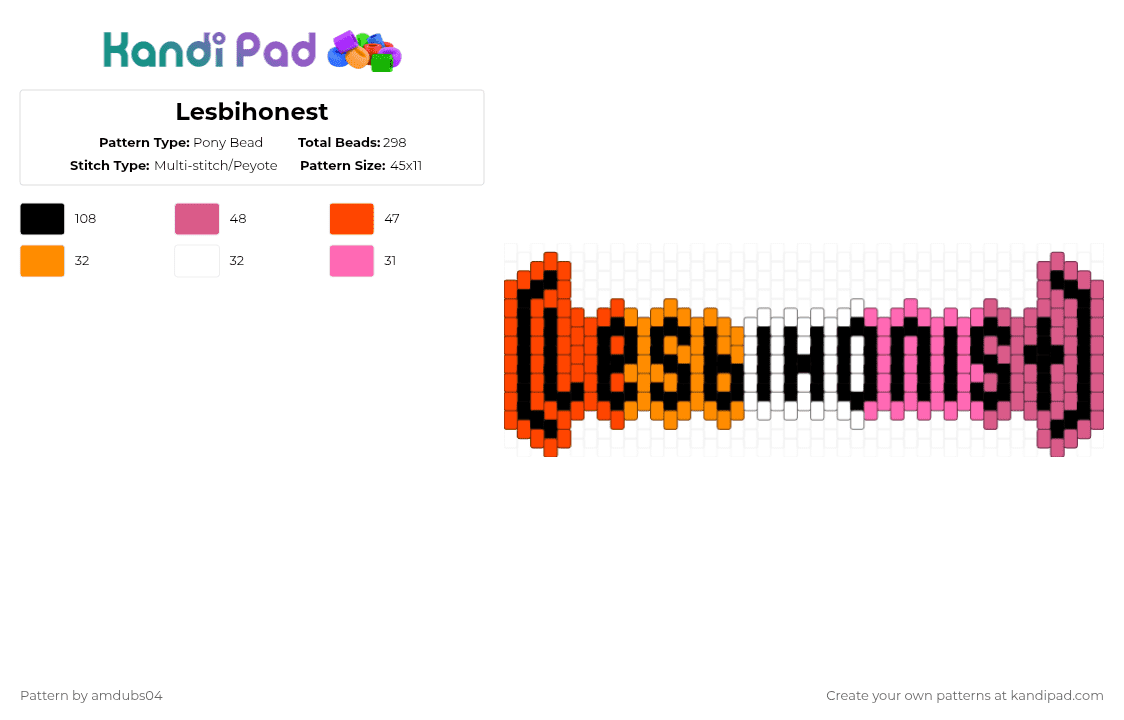 Lesbihonest - Pony Bead Pattern by amdubs04 on Kandi Pad - pink,lesbian,honest,gay,panic,orange,purple,white