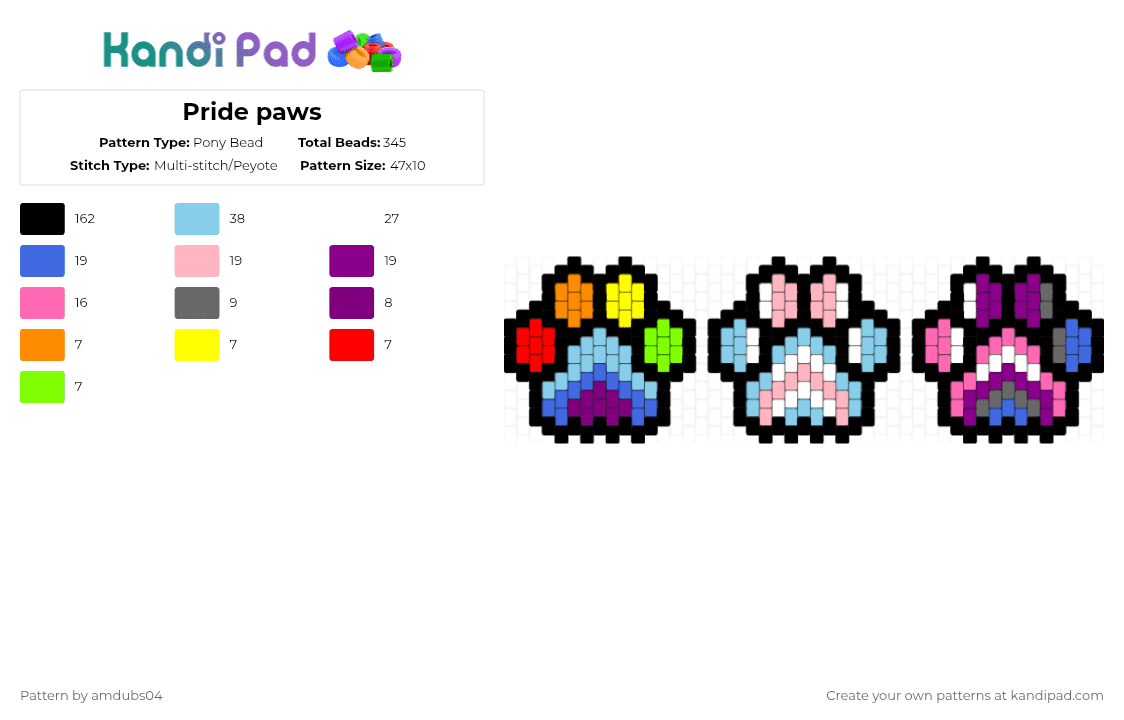 Pride paws - Pony Bead Pattern by apdubs04 on Kandi Pad - black,light blue,blue,pink,pride,rainbow,paw,genderfluid,trans