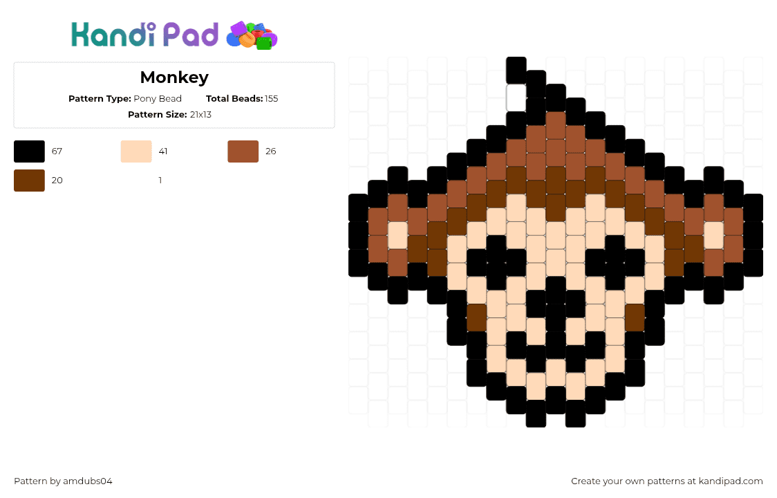 Monkey - Pony Bead Pattern by apdubs04 on Kandi Pad - monkey,head,charm,animal,beige,brown,cute