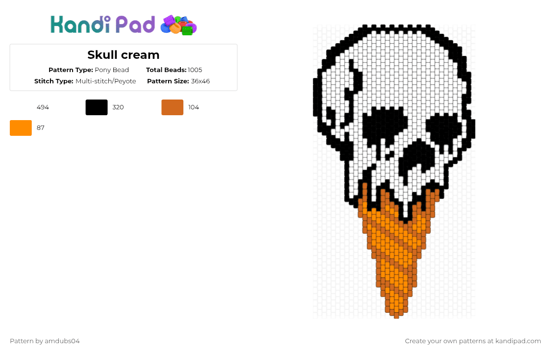 Skull cream - Pony Bead Pattern by amdubs04 on Kandi Pad - skull,ice cream,spooky,halloween,food,white,orange,ice,cream,drip,melt,eyes