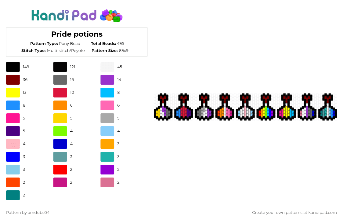 Pride potions - Pony Bead Pattern by apdubs04 on Kandi Pad - black,brown,yellow,purple,gray,colorful,pride,potion,bottle,flags,lesbian,gay,trans,bisexual