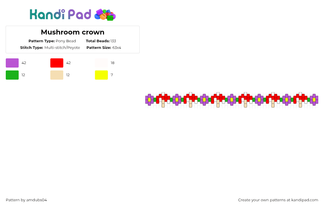 Mushroom crown - Pony Bead Pattern by amdubs04 on Kandi Pad - pink,red,mushroom,crown