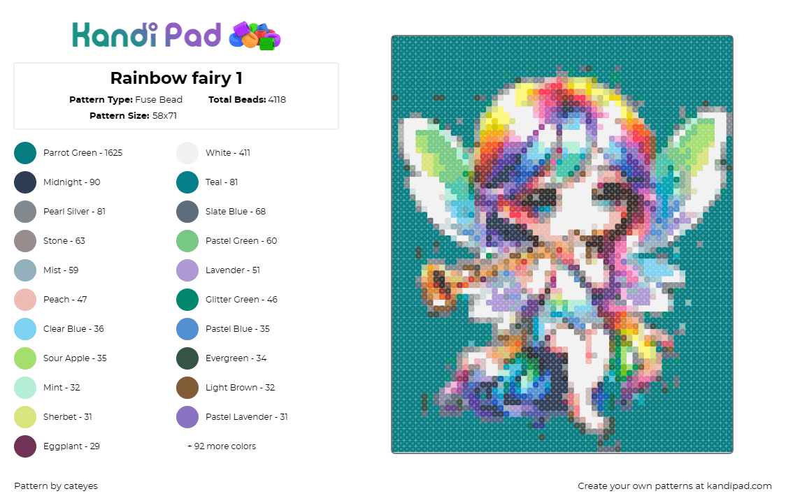 Rainbow fairy 1 - Fuse Bead Pattern by cateyes on Kandi Pad - fairy,rainbow,flute,fantasy,wings,mythological,colorful,teal