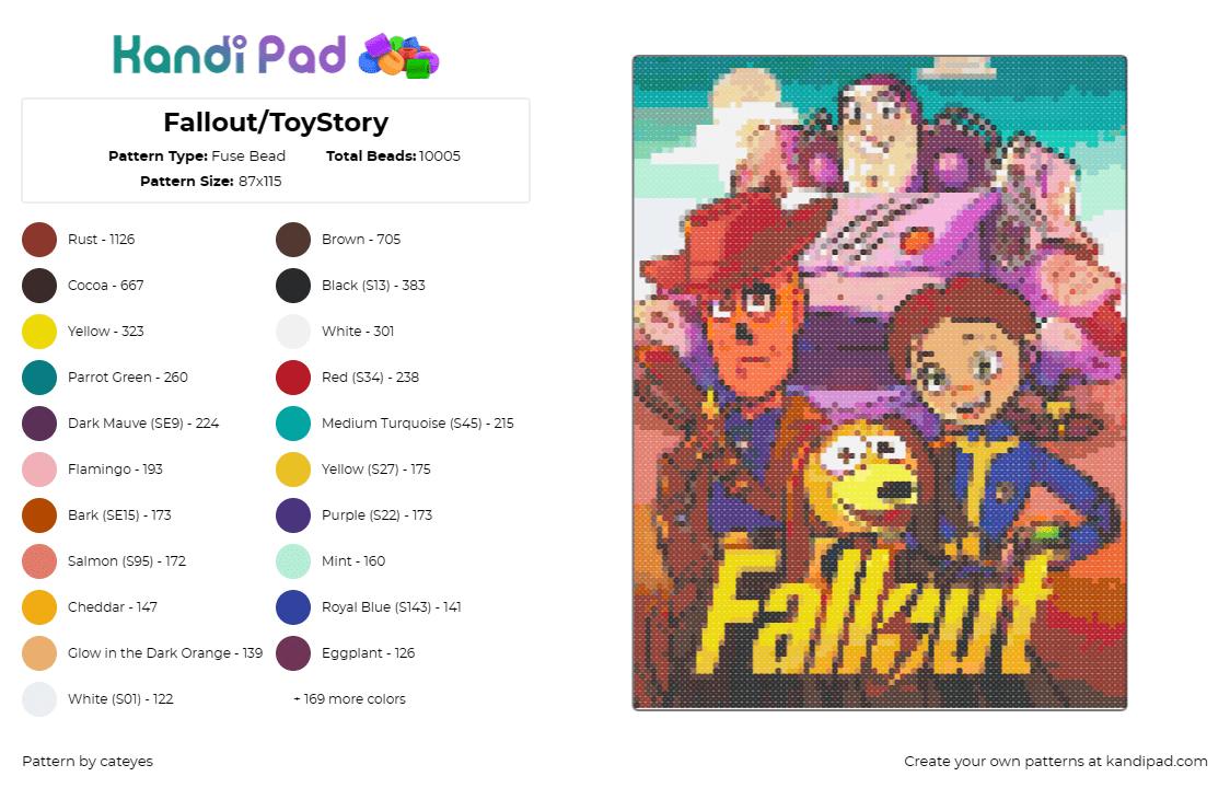 Fallout/ToyStory - Fuse Bead Pattern by cateyes on Kandi Pad - fallout,toy story,video game,movie,nuclear,tv show,colorful,yellow,orange,pink,t