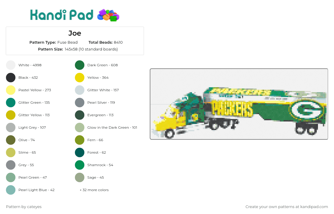 Joe - Fuse Bead Pattern by cateyes on Kandi Pad - green bay packers,semi truck,football,sports,automobile,green,yellow