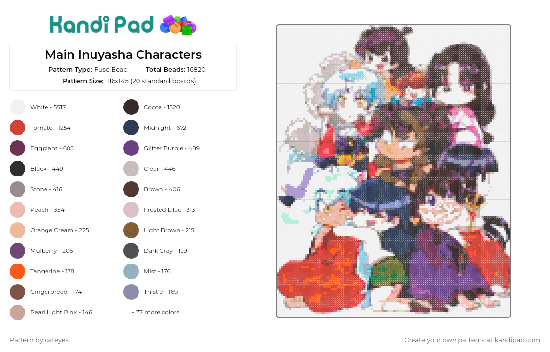 Main Inuyasha Characters - Fuse Bead Pattern by cateyes on Kandi Pad - inuyasha,manga,anime,characters