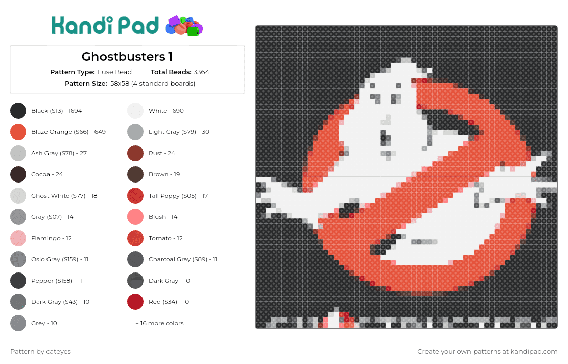 Ghostbusters 1 - Fuse Bead Pattern by cateyes on Kandi Pad - ghostbusters,logo,scifi,spooky,movie,classic,nostalgia,white,red,black