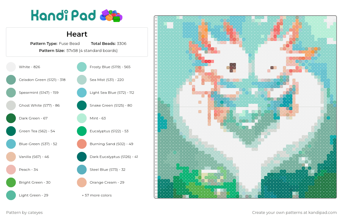 Heart - Fuse Bead Pattern by cateyes on Kandi Pad - axolotl,love,heart,cute,white,teal