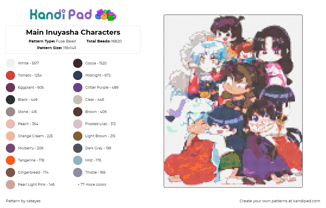 Main Inuyasha Characters - Fuse Bead Pattern by cateyes on Kandi Pad - inuyasha,manga,anime,characters