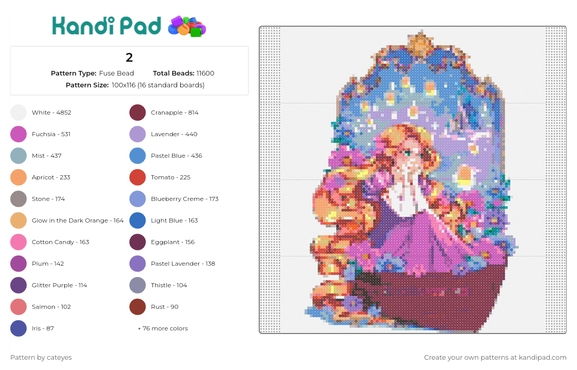 2 - Fuse Bead Pattern by cateyes on Kandi Pad - tangled,rapunzel,disney,animated,movie,princess,fairy tale,enchanting,tower,vibrant,purple,pink
