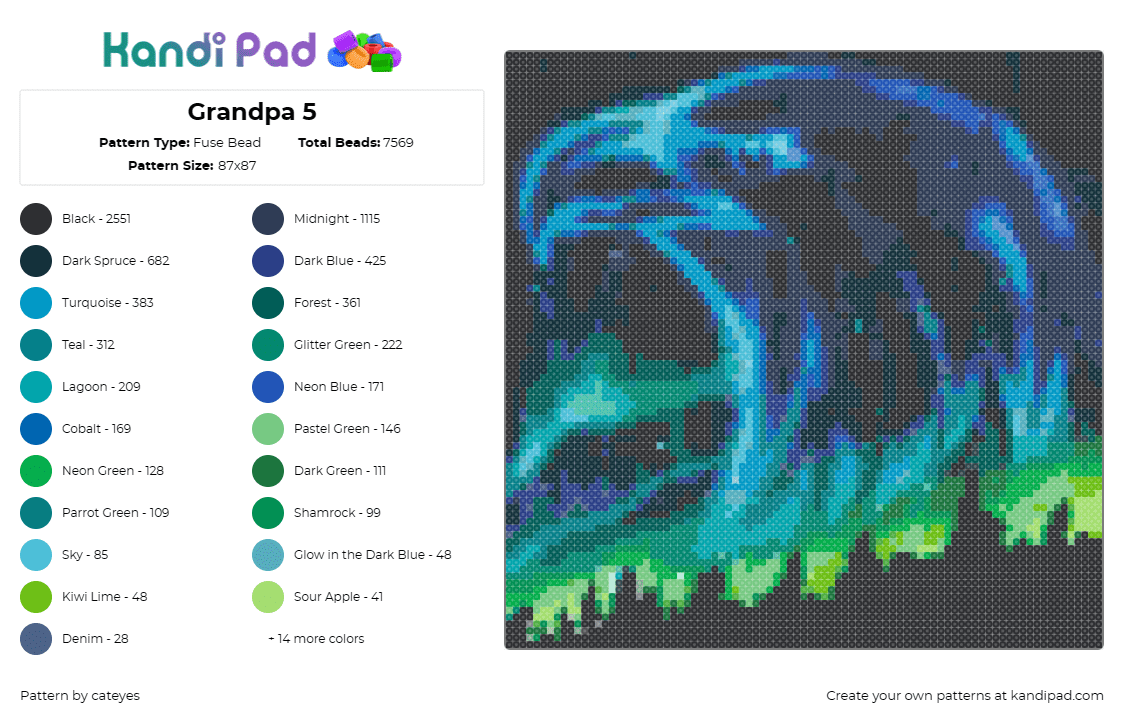 Grandpa 5 - Fuse Bead Pattern by cateyes on Kandi Pad - eagle,northern lights,silhouette,bird,majestic,black,teal