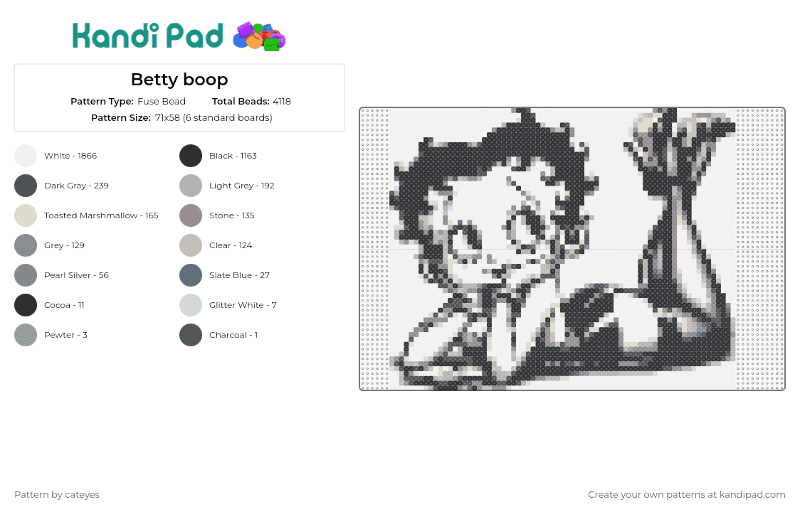 Betty boop - Fuse Bead Pattern by cateyes on Kandi Pad - betty boop,pinup,character,classic,nostalgia,cartoon,black,white