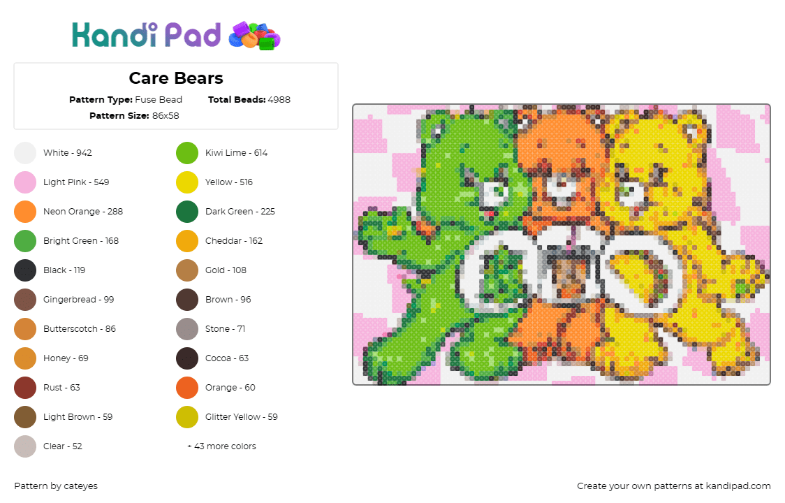 Care Bears - Fuse Bead Pattern by cateyes on Kandi Pad - care bears,nostalgic,affectionate,cheerful,friendship,green,orange,yellow