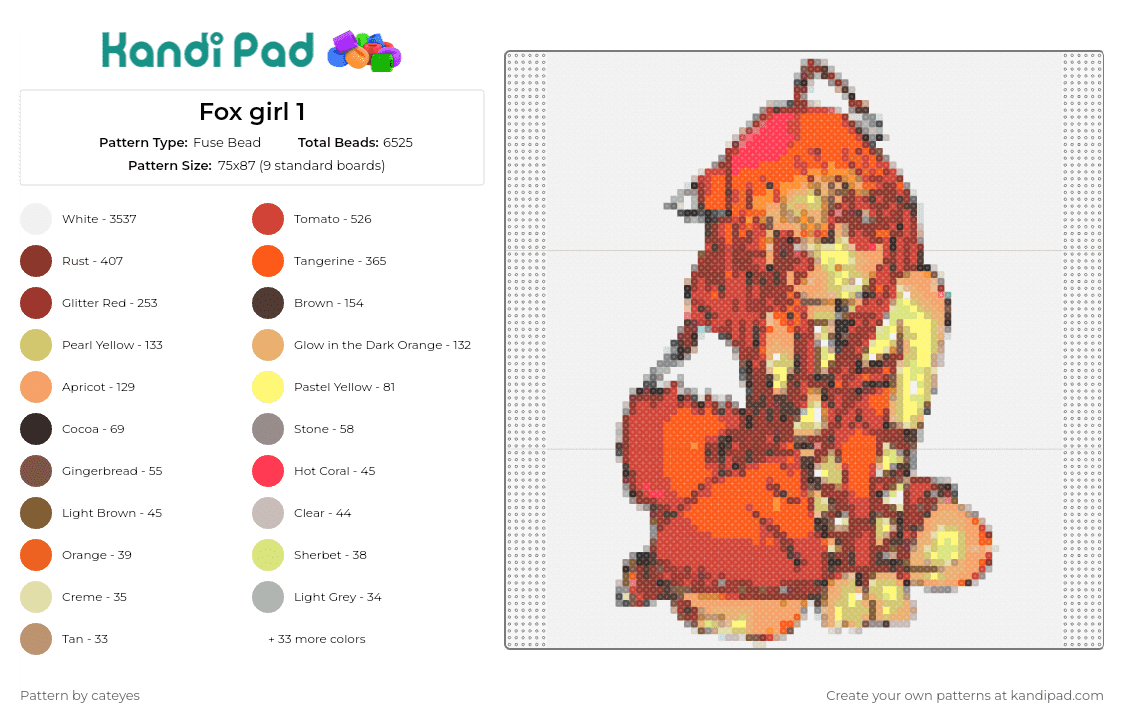 Fox girl 1 - Fuse Bead Pattern by cateyes on Kandi Pad - fox,girl,furry,anthropomorphic,animal,human,hybrid,fantasy,orange