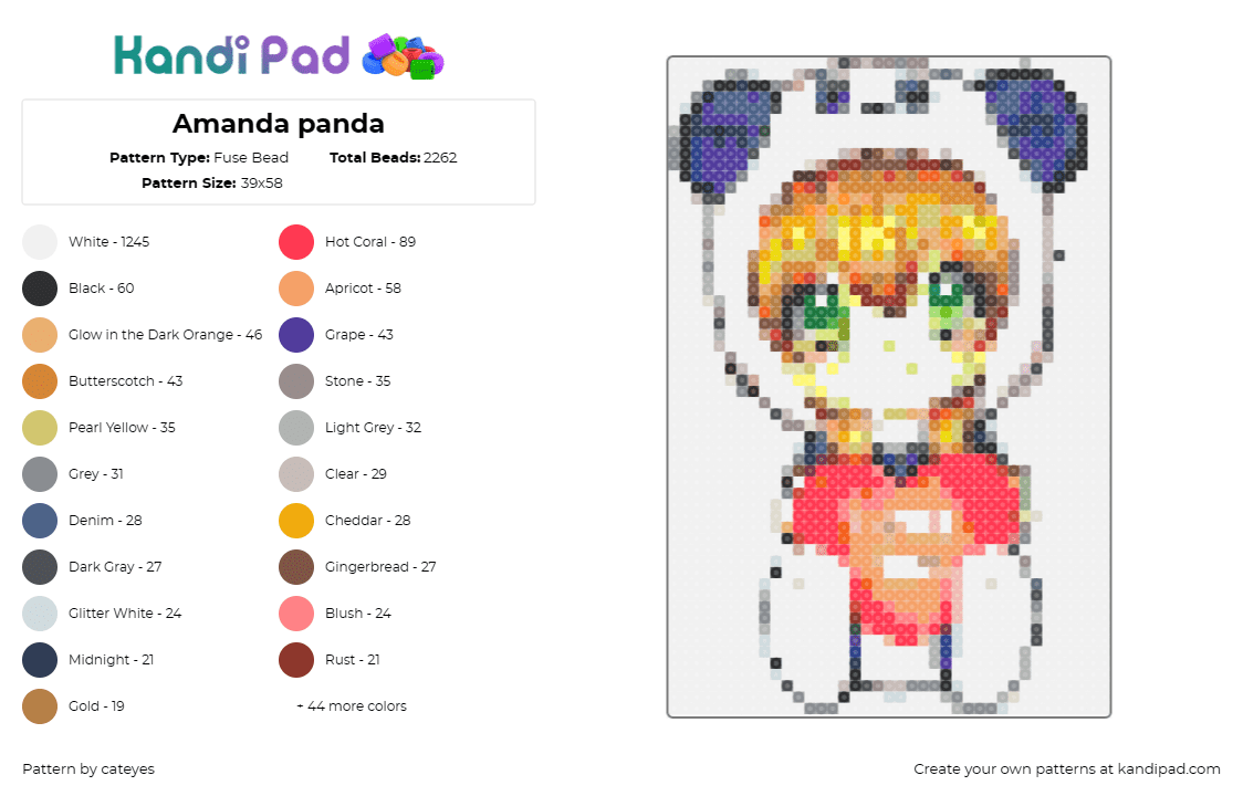 Amanda panda - Fuse Bead Pattern by cateyes on Kandi Pad - girl,panda,heart,cute,chibi,manga,love,white,red