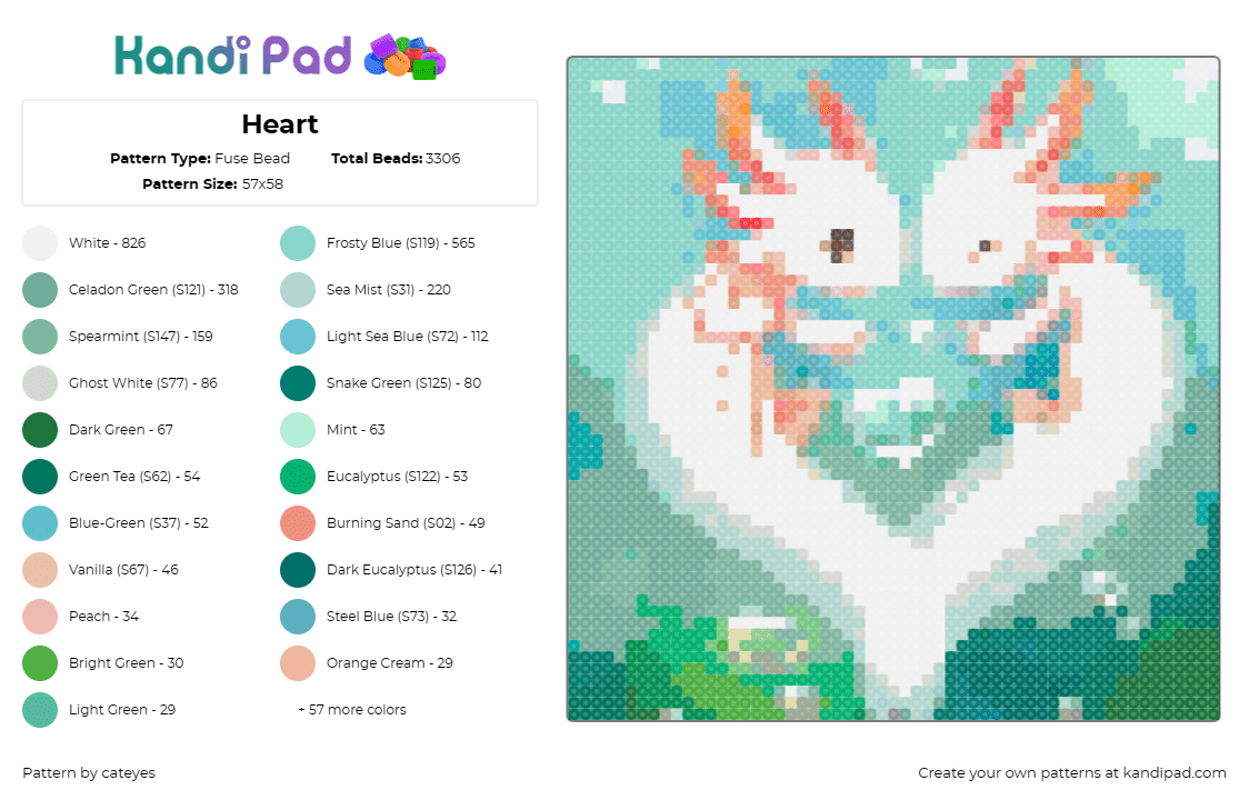 Heart - Fuse Bead Pattern by cateyes on Kandi Pad - axolotl,love,heart,cute,white,teal