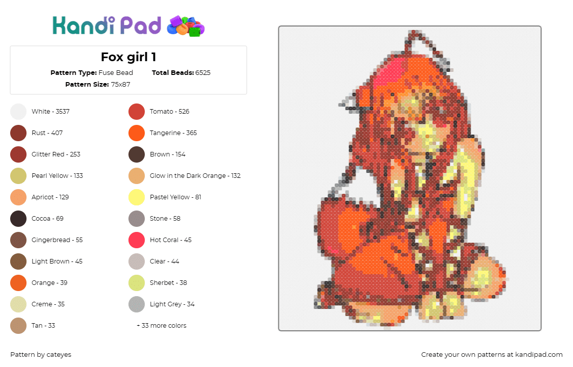 Fox girl 1 - Fuse Bead Pattern by cateyes on Kandi Pad - fox,girl,furry,anthropomorphic,animal,human,hybrid,fantasy,orange