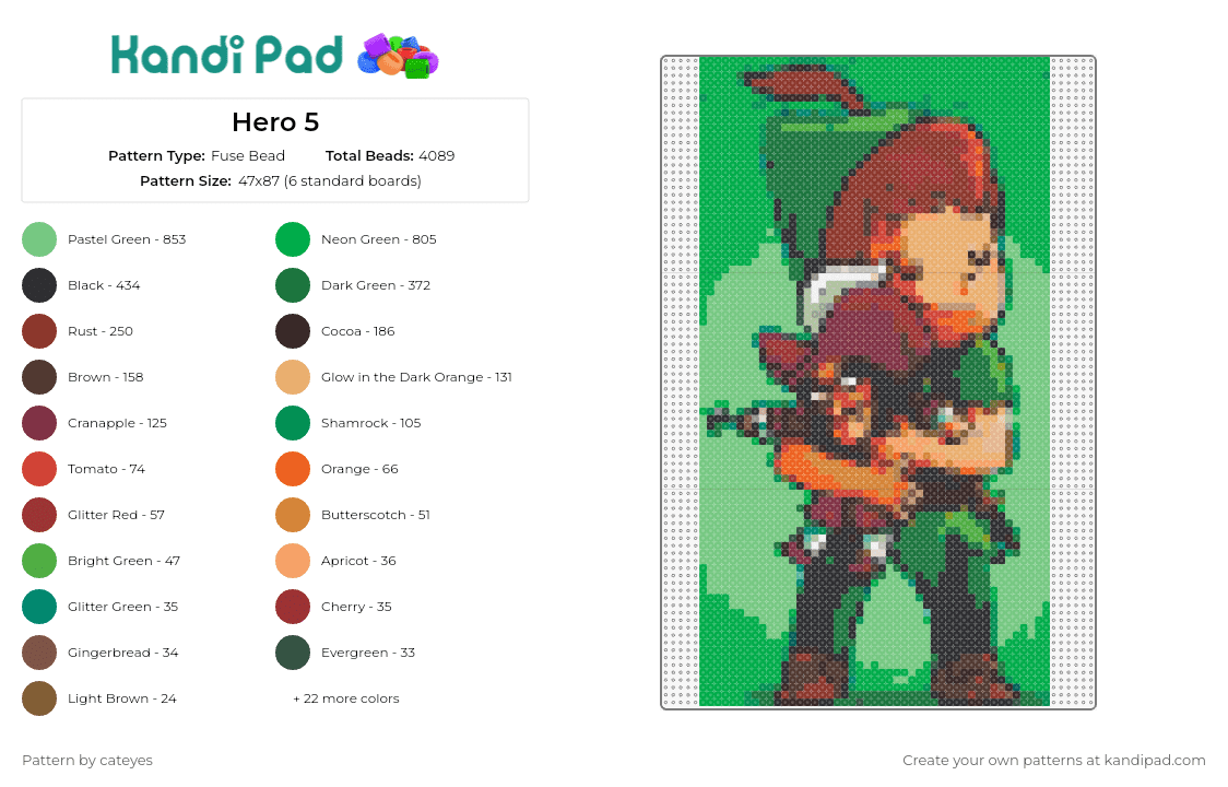 Hero 5 - Fuse Bead Pattern by cateyes on Kandi Pad - peter pan,captain hook,animated,story,movie,adventure,hero,nemesis,timeless,green