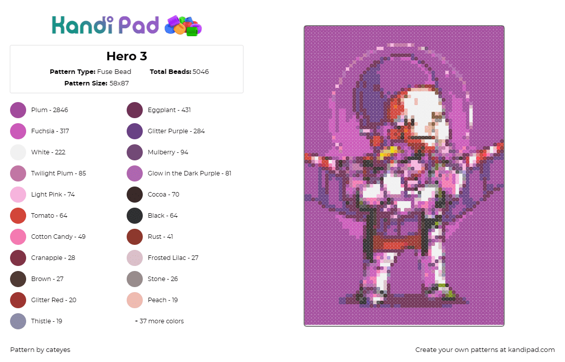 Hero 3 - Fuse Bead Pattern by cateyes on Kandi Pad - buzz lightyear,toy story,disney,character,space,winged,purple