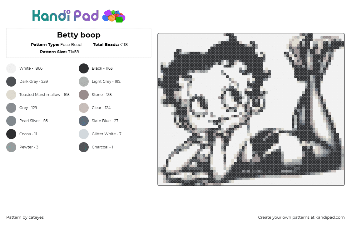 Betty boop - Fuse Bead Pattern by cateyes on Kandi Pad - betty boop,pinup,character,classic,nostalgia,cartoon,black,white