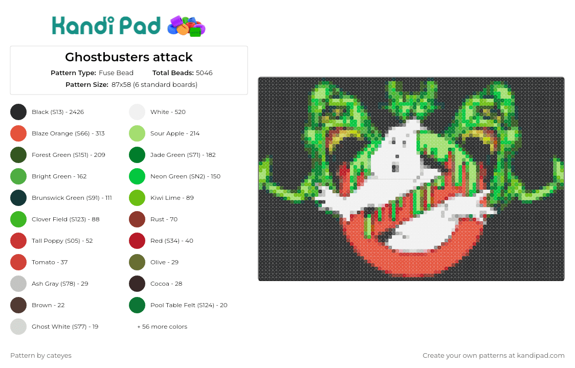 Ghostbusters attack - Fuse Bead Pattern by cateyes on Kandi Pad - ghostbusters,logo,slimer,scifi,spooky,movie,classic,nostalgia,white,red,green