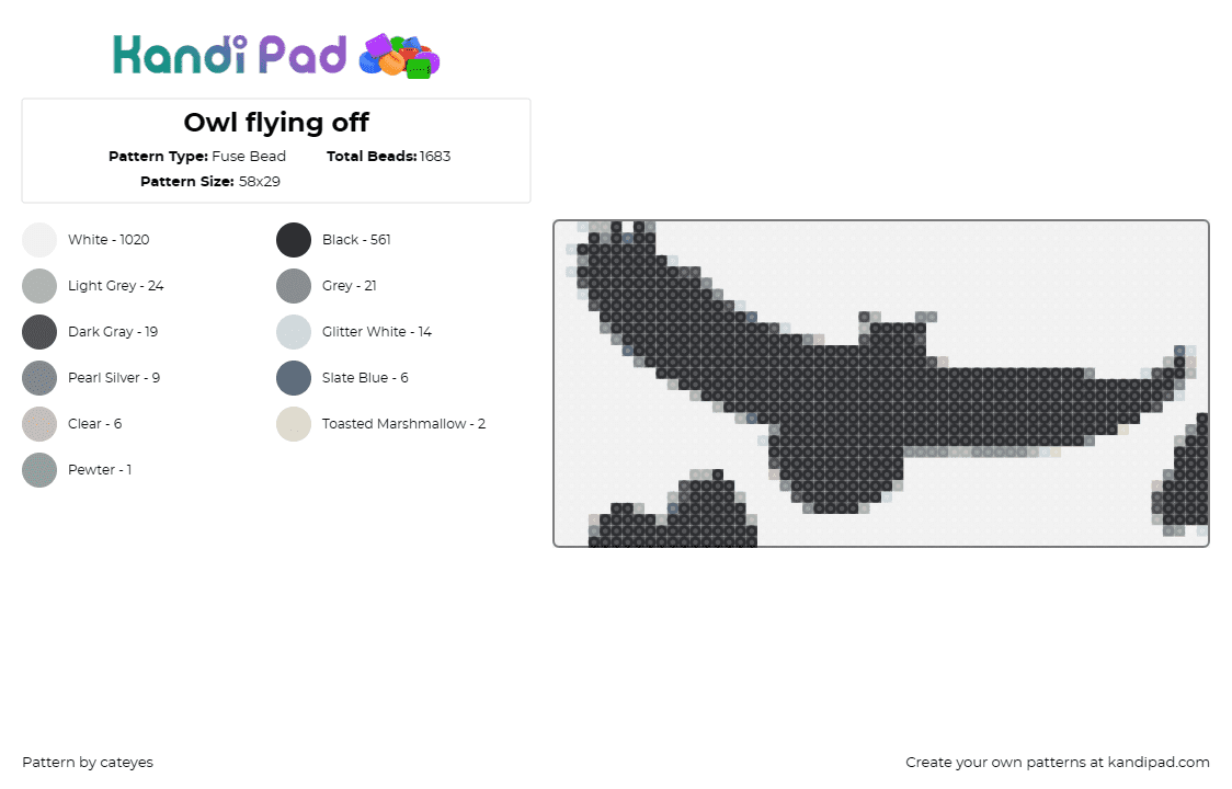 Owl flying off - Fuse Bead Pattern by cateyes on Kandi Pad - owl,silhouette,bird,flight,nature,nocturnal,elegance,wilderness,black