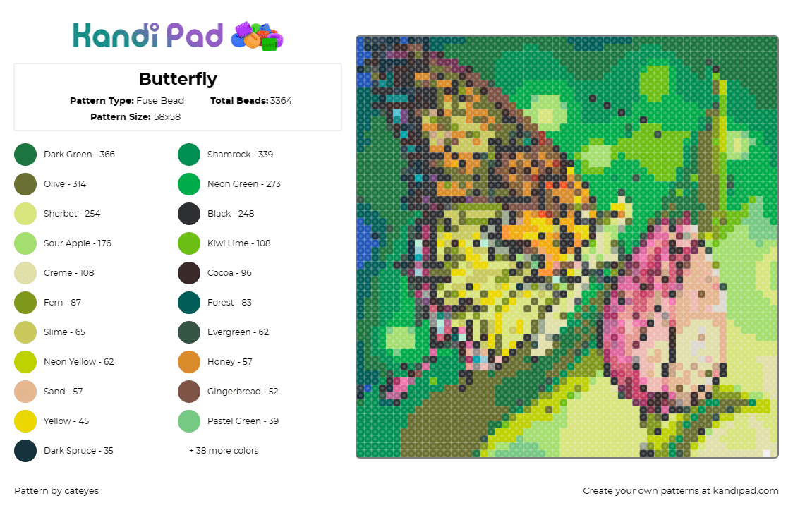 Butterfly - Fuse Bead Pattern by cateyes on Kandi Pad - butterfly,flower,nature,insect,graceful,floral,garden,delicate,green