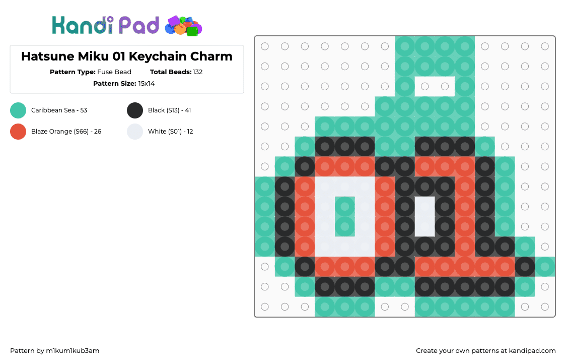 Hatsune Miku 01 Keychain Charm - Fuse Bead Pattern by m1kum1kub3am on Kandi Pad - red,teal,miku,hatsune miku,keychain,01