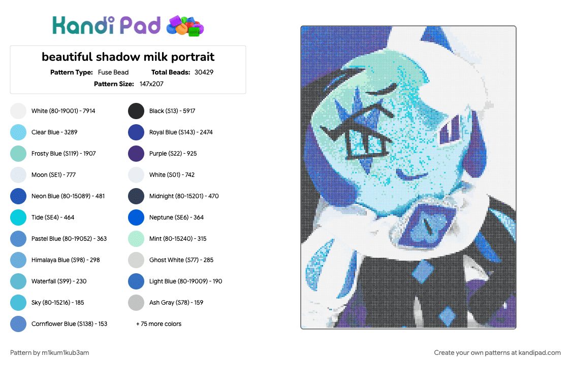 beautiful shadow milk portrait - Fuse Bead Pattern by m1kum1kub3am on Kandi Pad - cookie run, crk, light blue, purple, shadow milk cookie, weird, white