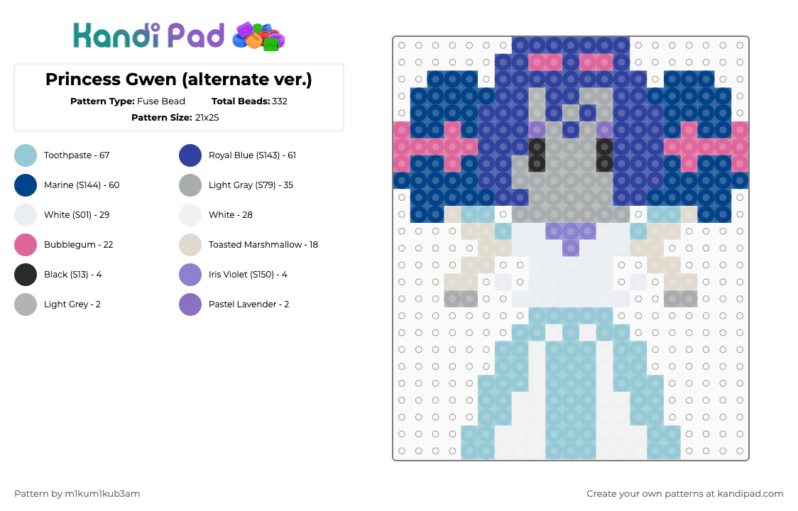 Princess Gwen (alternate ver.) - Fuse Bead Pattern by m1kum1kub3am on Kandi Pad - purple,blue,light blue,kog,knights of guinevere,chibi
