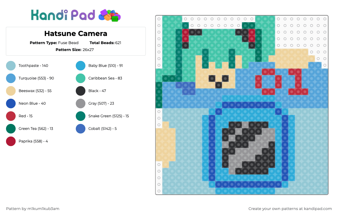 Hatsune Camera - Fuse Bead Pattern by m1kum1kub3am on Kandi Pad - light blue,teal,hatsune miku,miku,camera,cotdcameras