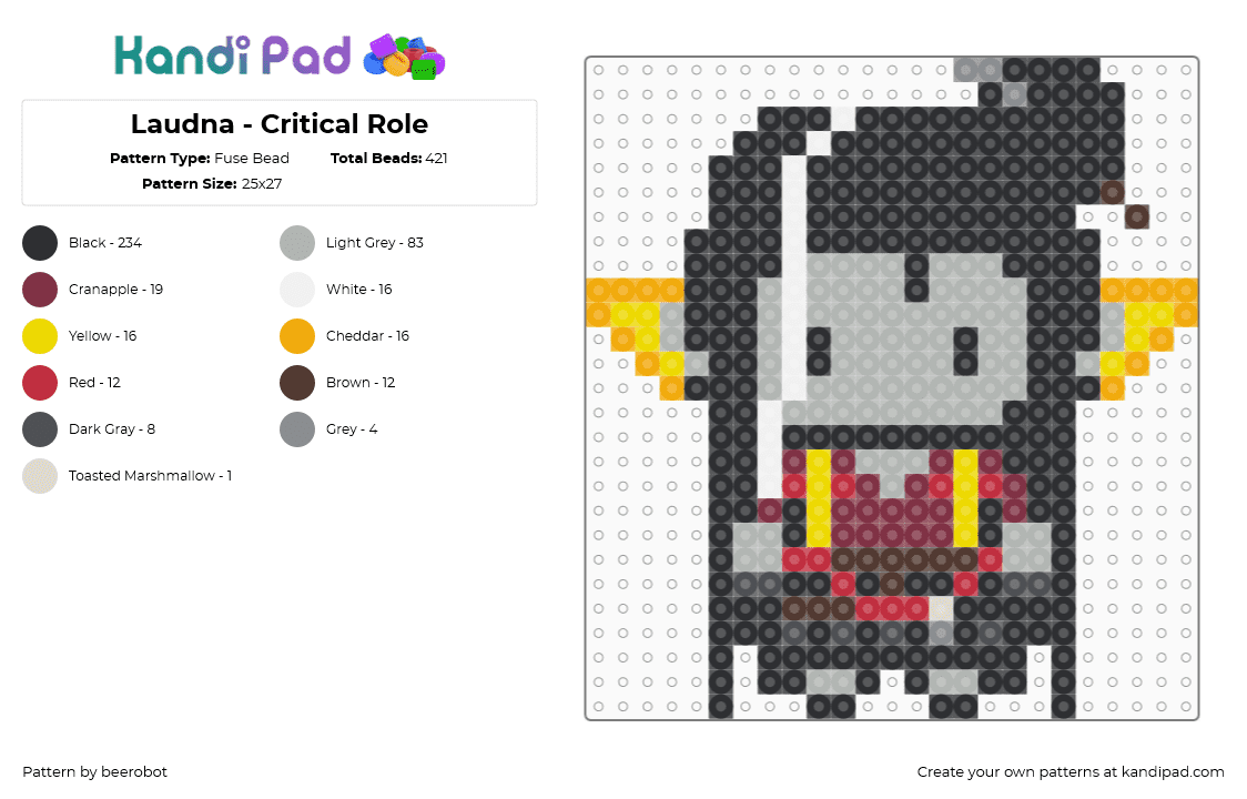 Laudna - Critical Role - Fuse Bead Pattern by beerobot on Kandi Pad - laudna,critical role,character,tv show,dnd,dungeons and dragons,gaming,black,beige,brown,chibi