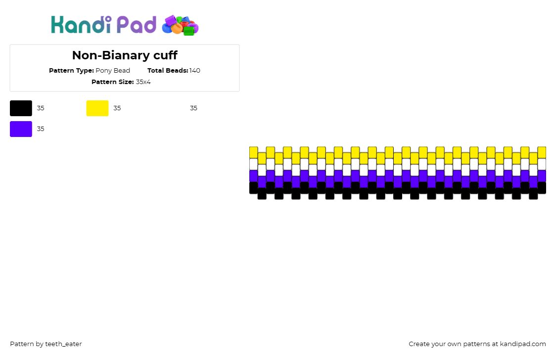 Non-Bianary cuff - Pony Bead Pattern by teeth_eater on Kandi Pad - non binary,pride,cuff,vibrant,statement,celebration,visibility,yellow,purple