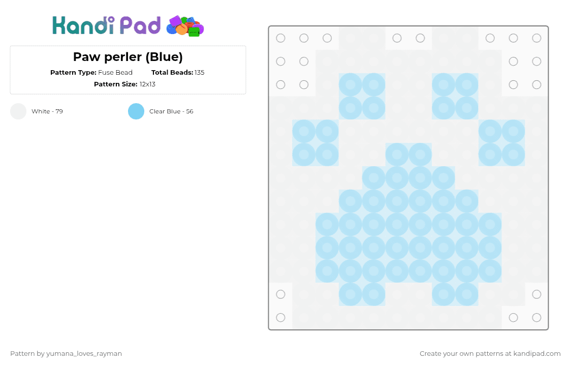 Paw perler (Blue) - Fuse Bead Pattern by yumana_loves_rayman on Kandi Pad - light blue,white,paw,perler,cute,kawaii