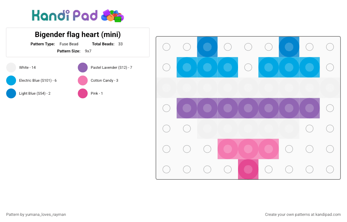 Bigender flag heart (mini) - Fuse Bead Pattern by yumana_loves_rayman on Kandi Pad - bigender, hear, lgbt, lgbtq, lgbtqia, pink, pride flag, pride heart