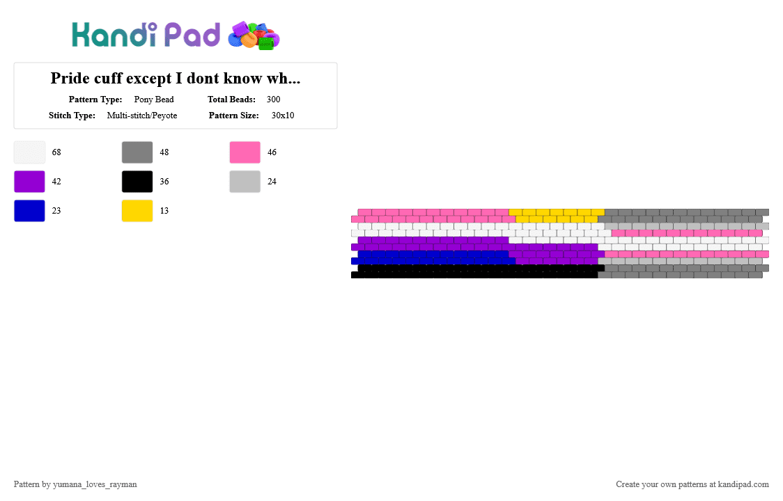Pride cuff except I dont know what tf I am - Pony Bead Pattern by yumana_loves_rayman on Kandi Pad - gray,purple,pink,pride,pride cuff,lgbt,genderfluid,non binary,demigirl,nonbinary