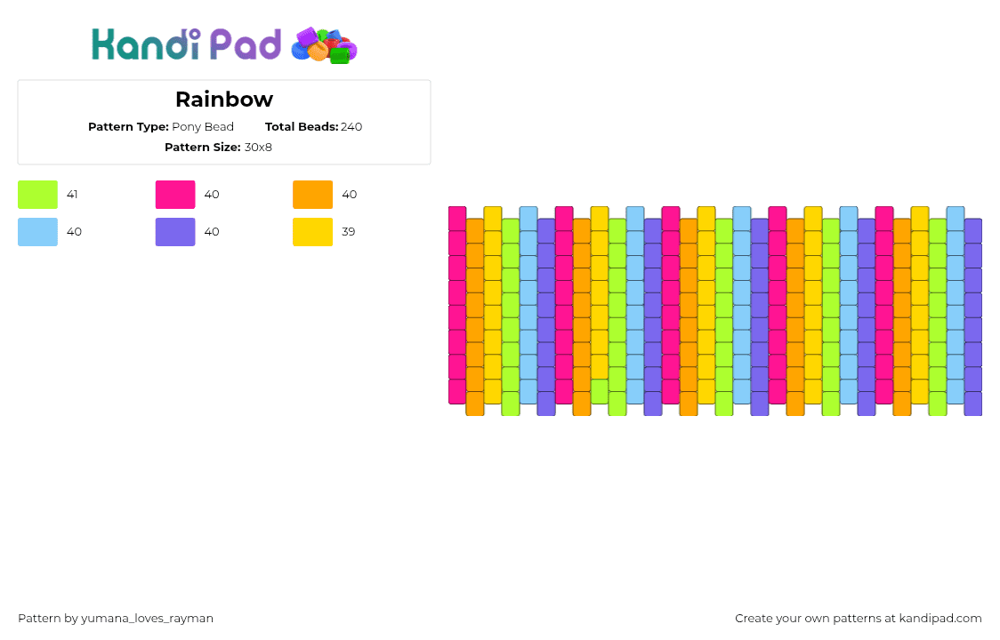 Rainbow - Pony Bead Pattern by yumana_loves_rayman on Kandi Pad - orange,green,blue,colorful,rainbow,cute