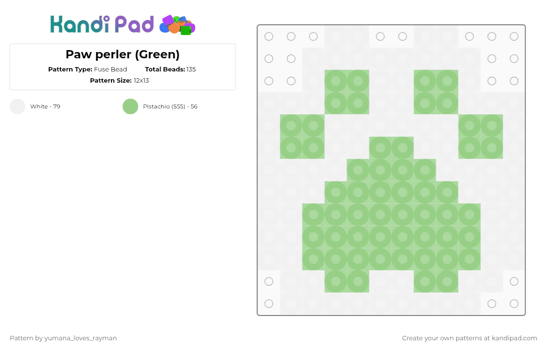 Paw perler (Green) - Fuse Bead Pattern by yumana_loves_rayman on Kandi Pad - teal,white,paw,perler,cute,kawaii