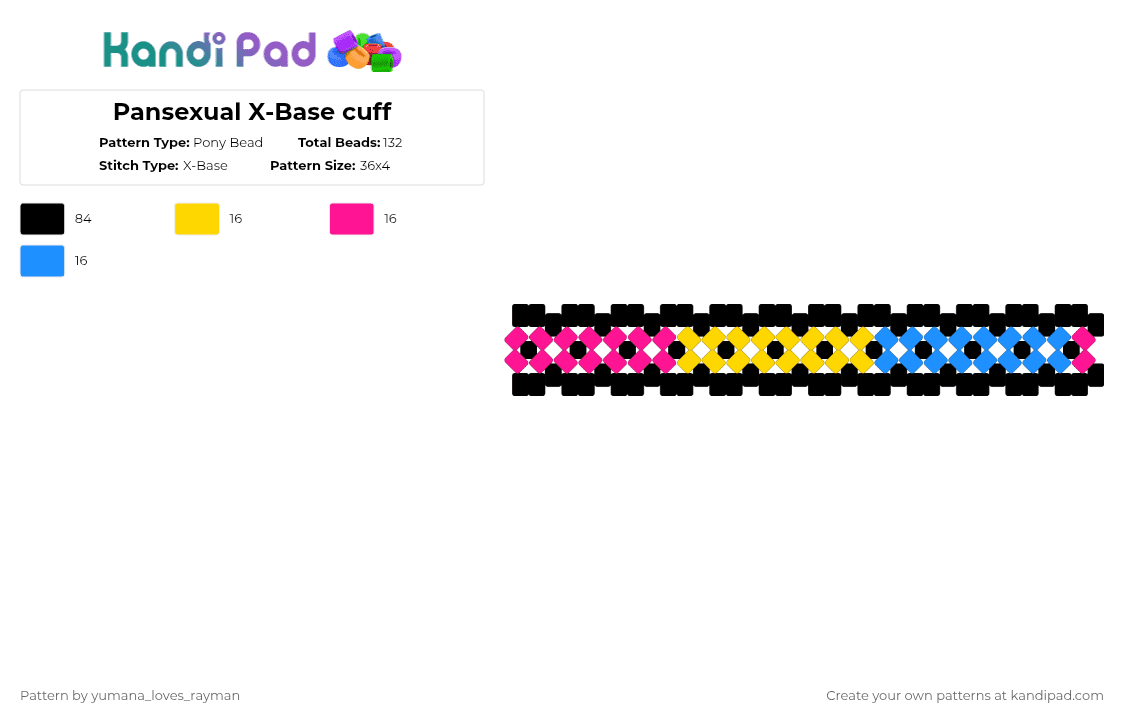 Pansexual X-Base cuff - Pony Bead Pattern by yumana_loves_rayman on Kandi Pad - black,yellow,pink,light blue,pride,pansexual,xbase,cuff,pride flag,x base,xbase cuff,x base cuff