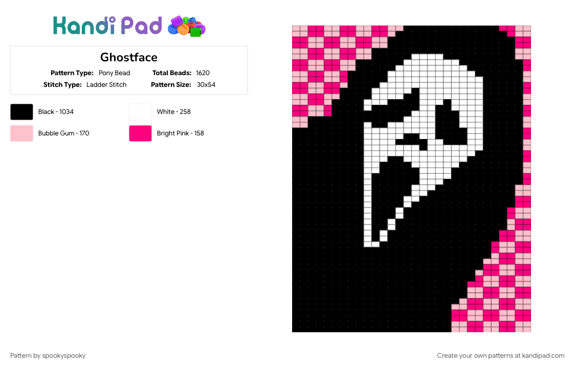 Ghostface - Pony Bead Pattern by spookyspooky on Kandi Pad - black, pink, white