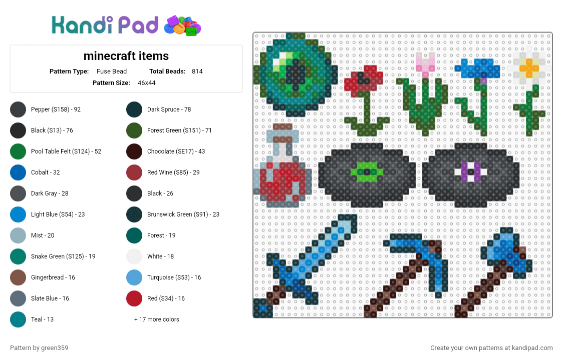 minecraft items - Fuse Bead Pattern by greeen359 on Kandi Pad - black, blue, colorful, disc, eye of ender, flower, gray, green, items, minecraft, potion, teal, tools