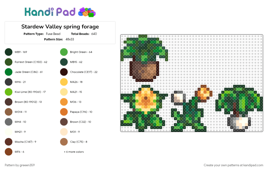 Stardew Valley spring forage - Fuse Bead Pattern by greeen359 on Kandi Pad - black, brown, forage, gold, green, sdv, spring, stardew valley, white, yellow