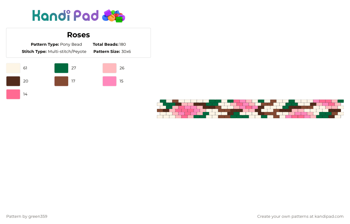 Roses - Pony Bead Pattern by green359 on Kandi Pad - green,beige,pink,roses,flowers,rose,flower,vines,brown