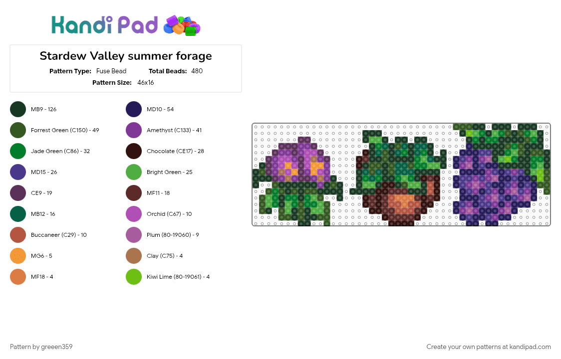 Stardew Valley summer forage - Fuse Bead Pattern by greeen359 on Kandi Pad - brown, colorful, forage, green, pink, purple, red, sdv, stardew valley, summer