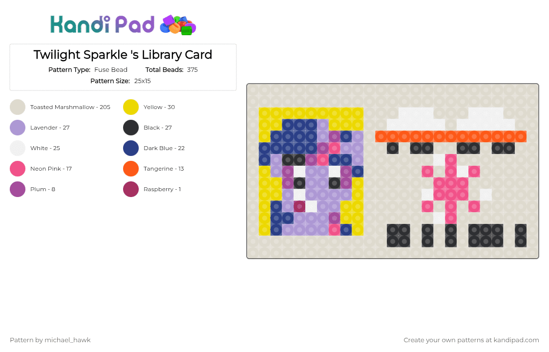 Twilight Sparkle \'s Library Card - Fuse Bead Pattern by michael_hawk on Kandi Pad - beige