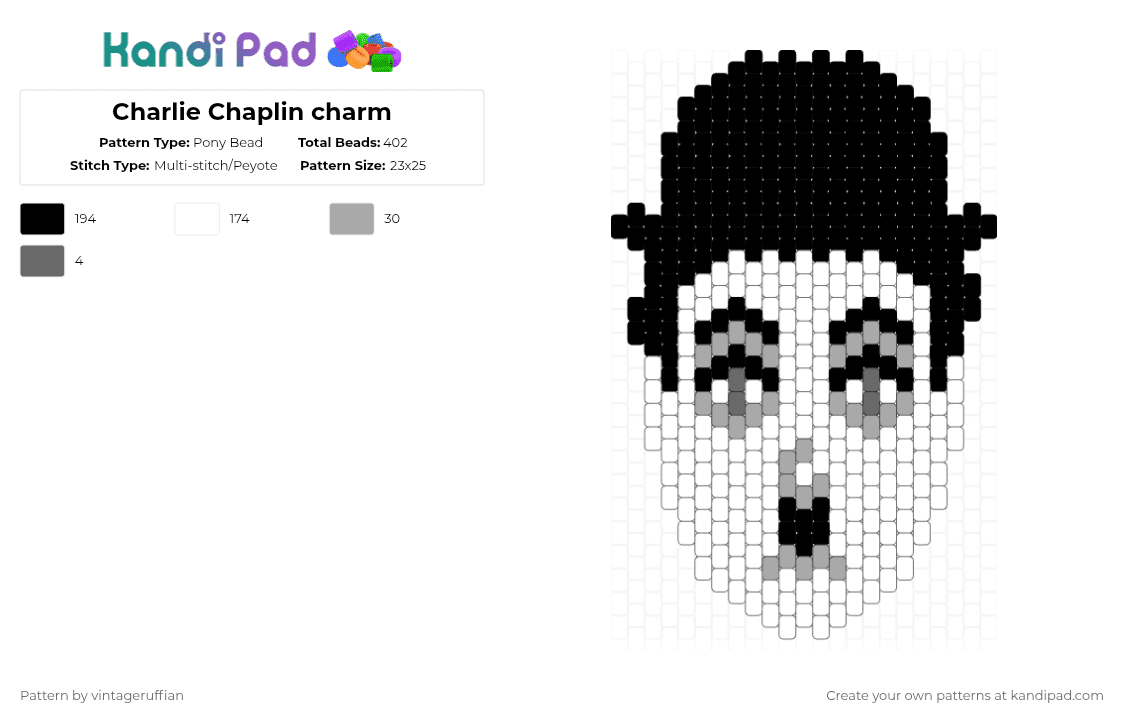 Charlie Chaplin charm - Pony Bead Pattern by vintageruffian on Kandi Pad - white,beige,cotdpast,charlie chaplin,silent film,retro,movies,hollywood,history,charm