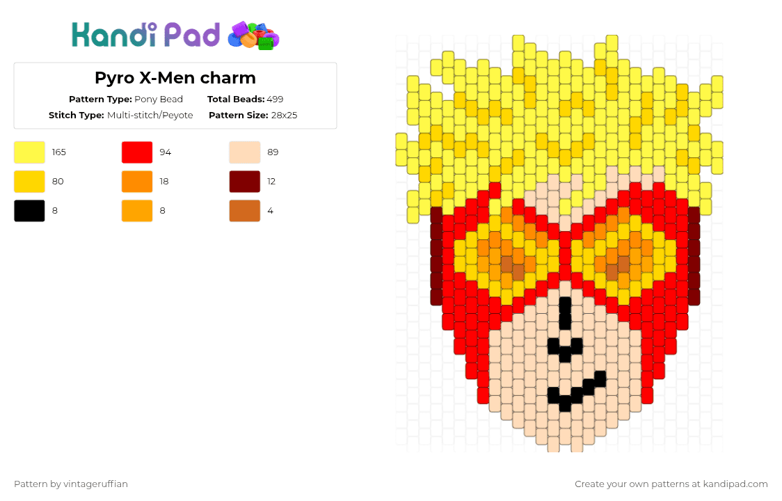Pyro X-Men charm - Pony Bead Pattern by vintageruffian on Kandi Pad - yellow,red,beige,charm,xmen,pyro,brotherhood of mutants