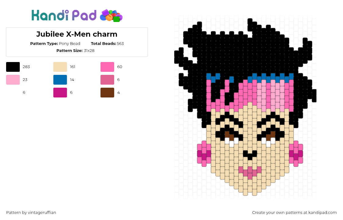 Jubilee X-Men charm - Pony Bead Pattern by vintageruffian on Kandi Pad - black,beige,pink,jubilee,xmen,marvel,charm